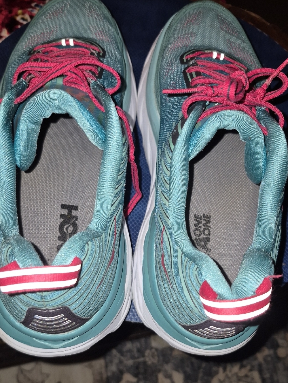 Hoka One Ones Womens Sz 12. Teal Running Shoes with Coral Laces. VGC.(#2016D) - Picture 11 of 14